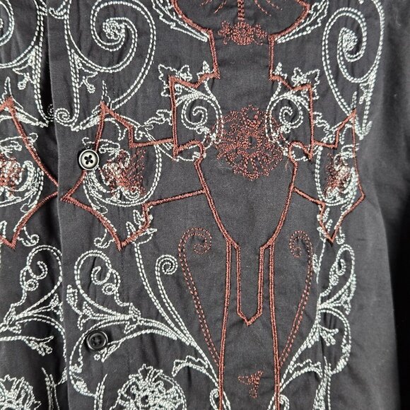 Milano Moda Size 2XL Button Up Shirt Black with White Brown Embroidery - Picture 4 of 13